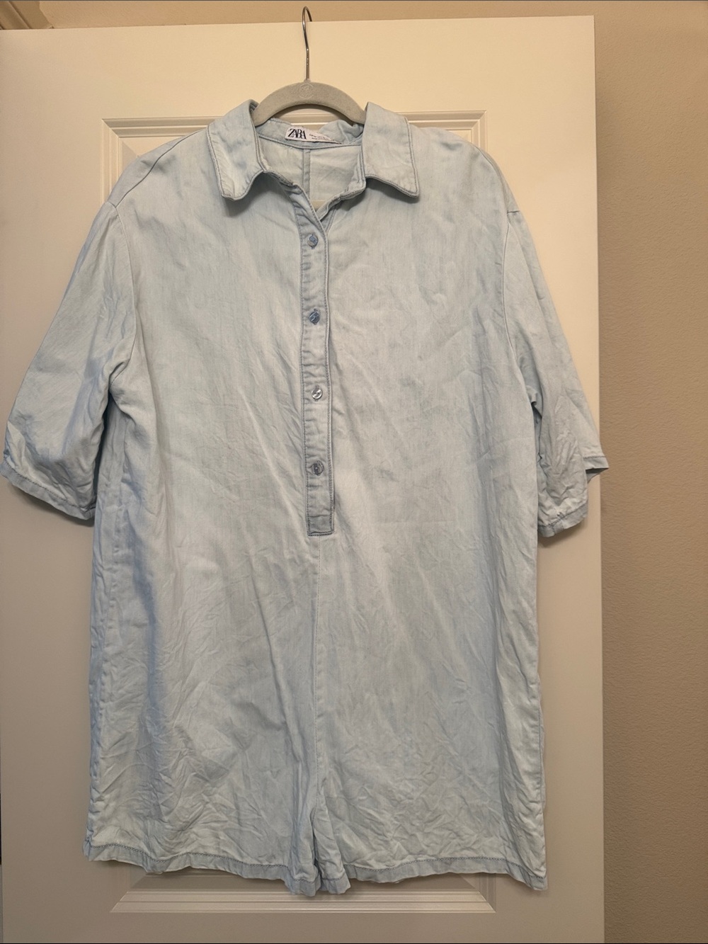 Zara Pale Blue Short-Sleeve Button-Front Romper